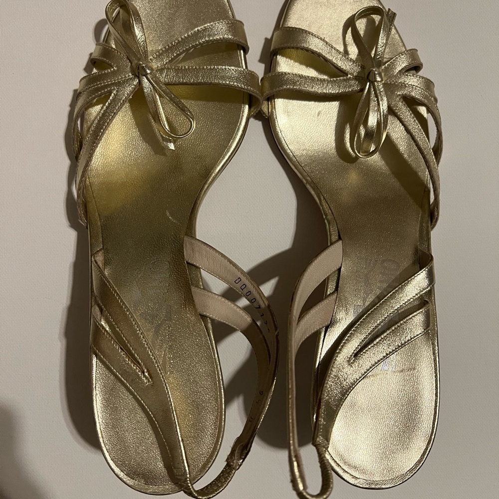 Salvatore Ferragamo Gold Leather Open Toe Slingback Shoes 9.5